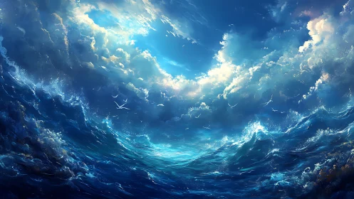 Storm-lit ocean blooms beneath a luminous sky portal.