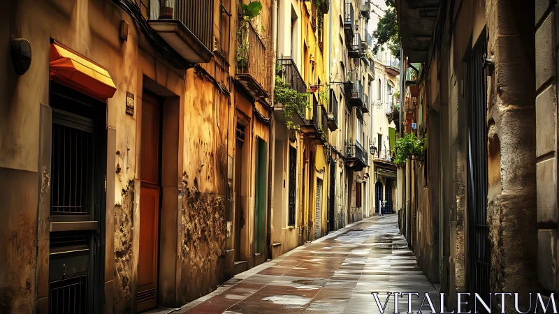 Narrow sunlit European alley with colorful old facades.