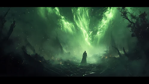 Lone cloaked figure confronts vast green spectral vortex