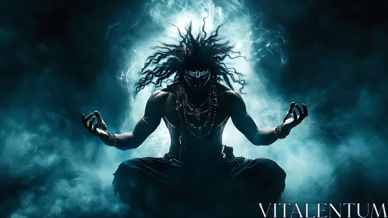 Mystical warrior in calm blue smoke-filled meditation.