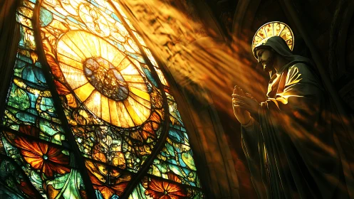 Sacred statue in prayer beside glowing stained glass.