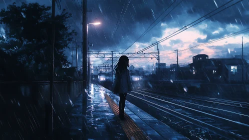 Solitary girl waits on a rainy platform at blue dusk