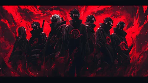 Anime cloaked squad in red infernal backdrop, cinematic framing