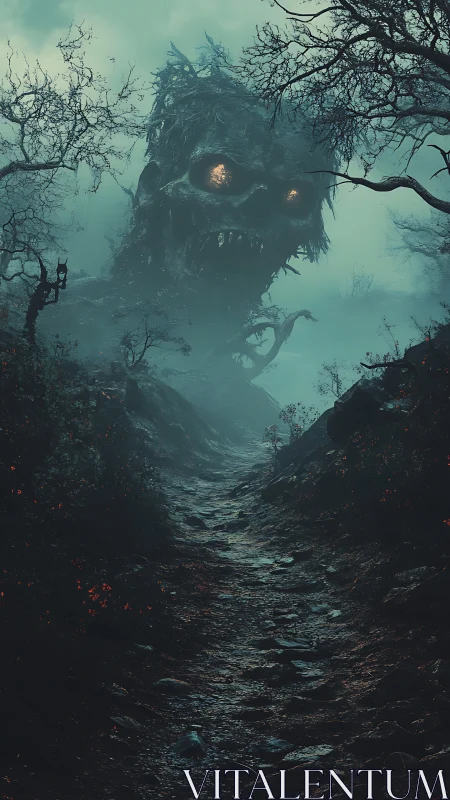 Night road curls toward a colossal skull of waking forest