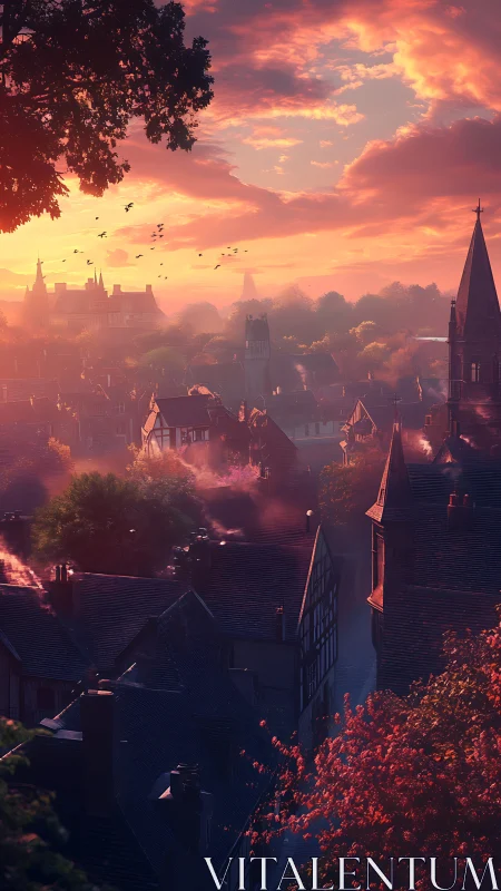 Medieval town skyline under dense orange sunset clouds.