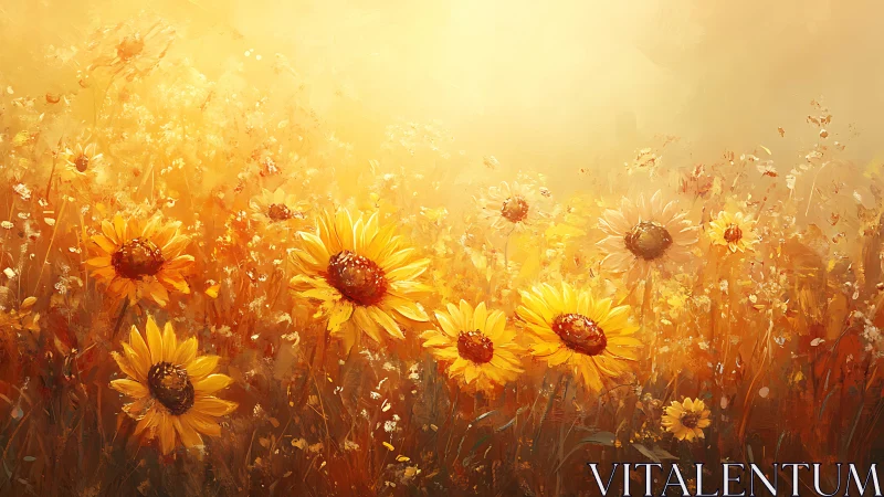 Luminous sunflower meadow in radiant golden haze digital painting.