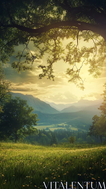 Pastoral valley sunrise with overhead bough framing composition.