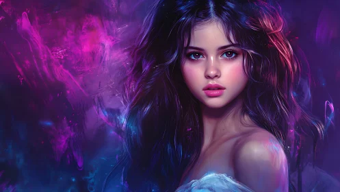 Nebula-kissed girl gazes through electric violet starlight.