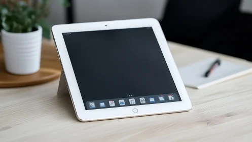 White iPad on wooden desk with dock and apps visible.