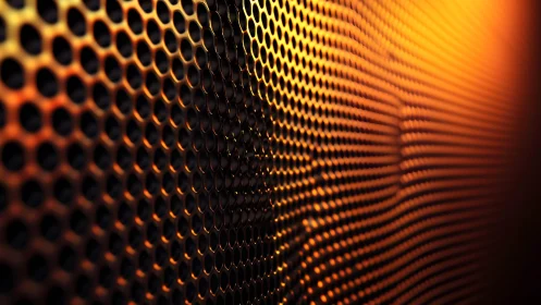 Abstract close-up of perforated metal surface in warm lighting.