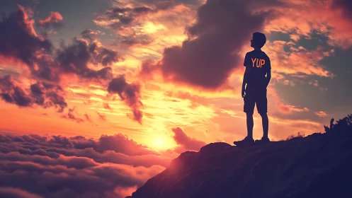 Silhouetted youth on cliffside overlooking blazing cloud sunset.