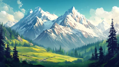 Snowcapped mountain range above sunlit forest valley.