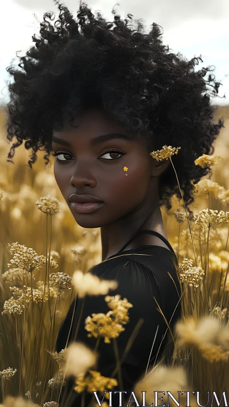 Woman with natural curls standing in golden wildflower field.