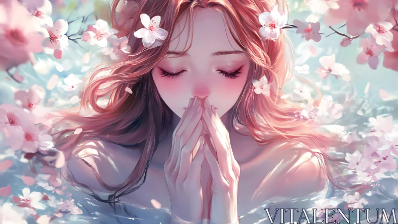 Serene anime girl immersed in blossom-filled luminous water