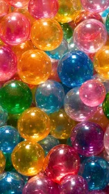 Glossy translucent gel beads form dense colorful cluster