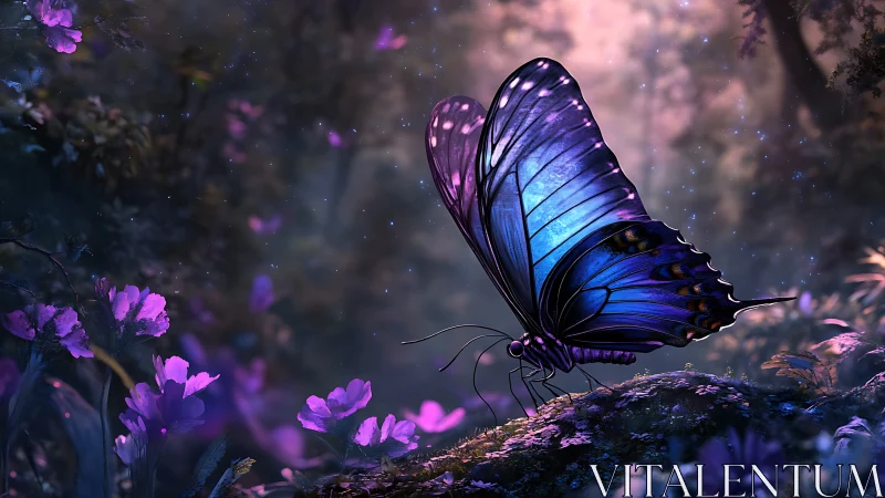 Gentle midnight butterfly resting in a glowing secret forest.