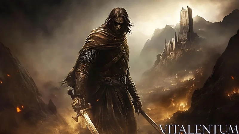 Brooding warrior before burning valley and distant citadel.