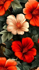 Vibrant Hibiscus Blooms Against Dark Botanical Canvas.