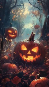 Glowing jack o’lanterns light a friendly haunted forest path.