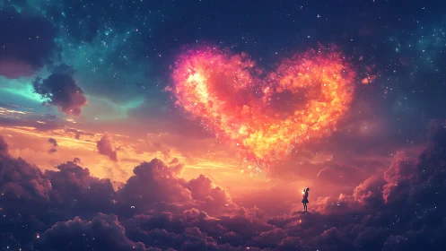A Solitary Figure Witnesses a Magnificent Fiery Heart Above the Clouds