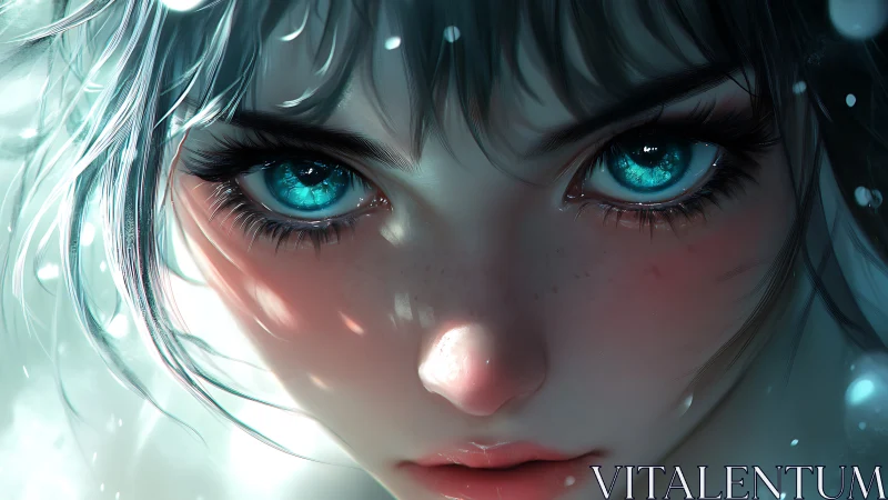 Close frontal portrait of blue‑eyed digital character.