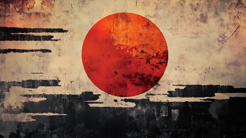 Weathered red sun circle dominates distressed grunge field