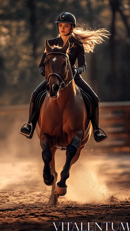 Focused equestrian rides galloping horse through warm dust