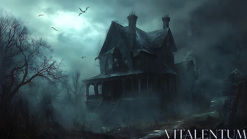 Gothic haunted mansion in dense fog, cinematic digital painting.