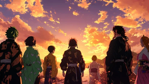 Samurai silhouettes observe a vivid cinematic sunset horizon