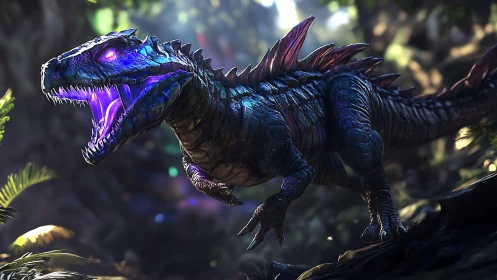 Bioluminescent alien dinosaur roars in lush jungle