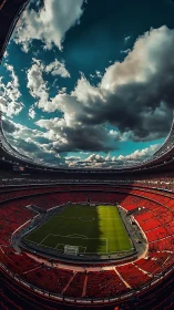 High-angle view shows large football stadium under cloudy sky