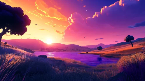 Digital painting sunset landscape with stylized river valley.