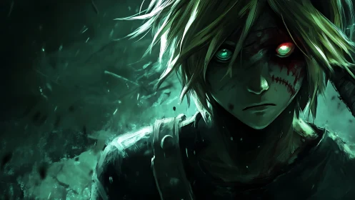 Dual-eyed figure with stitched scar in dark green scene.