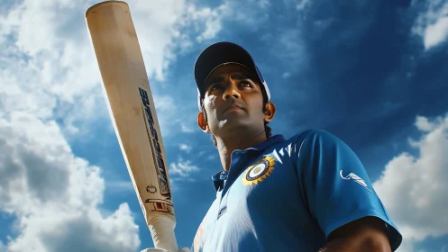 Cricketer portrait with bat under dramatic clouded sky.