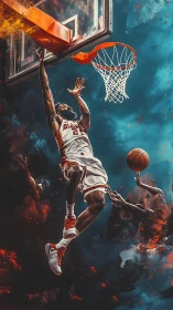 Kinetic basketball dunk in atmospheric digital motion field.