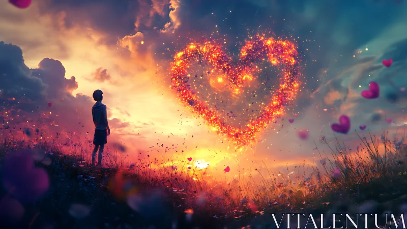 Solitary Figure Observes Luminous Heart Formation in Landscape