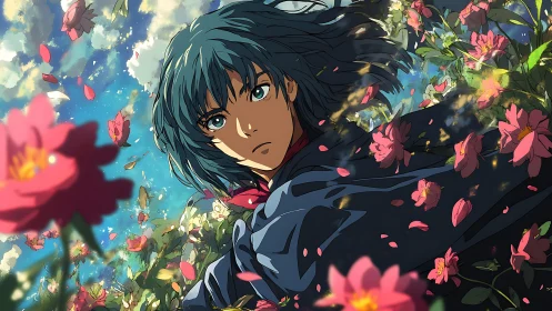 Young figure moves through dense pink flowers in bright sky