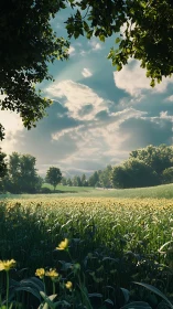 Sunlit meadow with distant trees under partly cloudy sky.