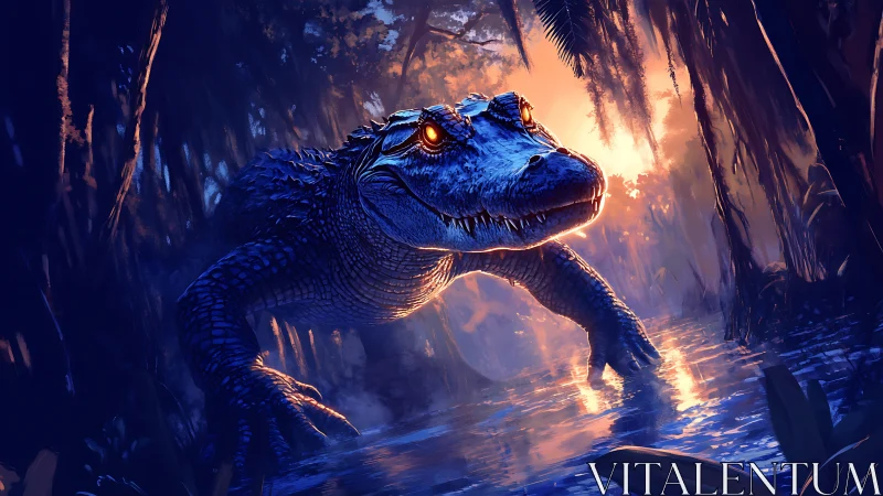 Bioluminescent alligator stalking reflective swamp at sunset