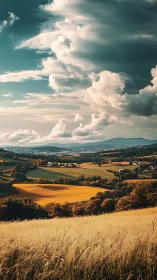 Golden valley farmland under dramatic stormlit sky.
