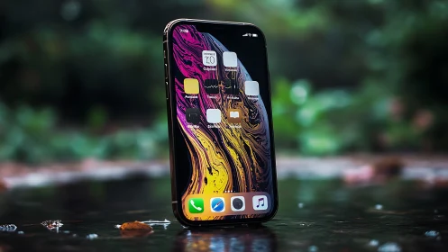 Premium Smartphone Display Against Natural Backdrop with Vibrant Wallpaper.