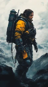 Lone sci fi explorer braces against misty mountain storm