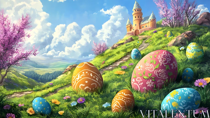 Decorated eggs on hillside meadow leading to distant castle.