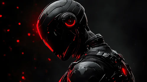 Midnight combat android crowned in infernal neon red glow.