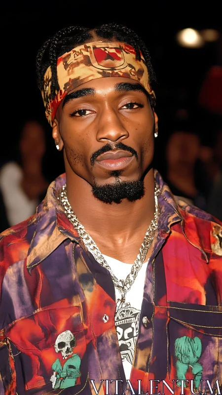 Stylish man with patterned shirt and headscarf faces camera