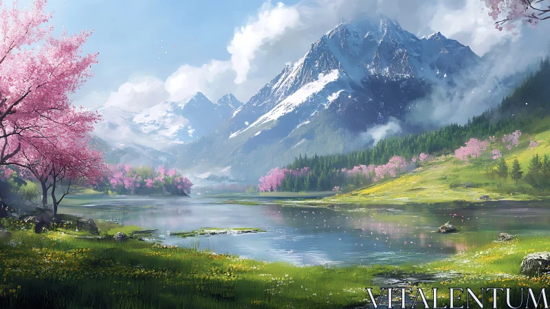 Spring valley lake beneath towering snowcapped peaks.