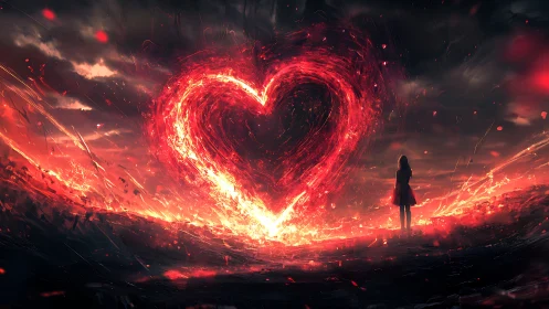 Silhouetted Figure Before Incandescent Heart Portal in Digital Inferno