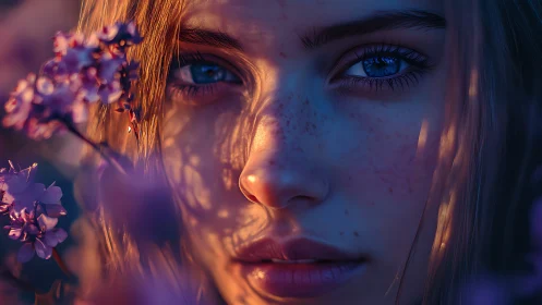 Soft twilight gaze framed by flowers and gentle shadows.
