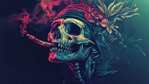 Vibrant pirate skull relaxes with glowing smoke and flowers