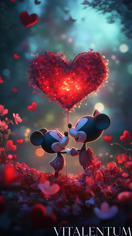 Two cartoon figures holding glowing red heart particle effect